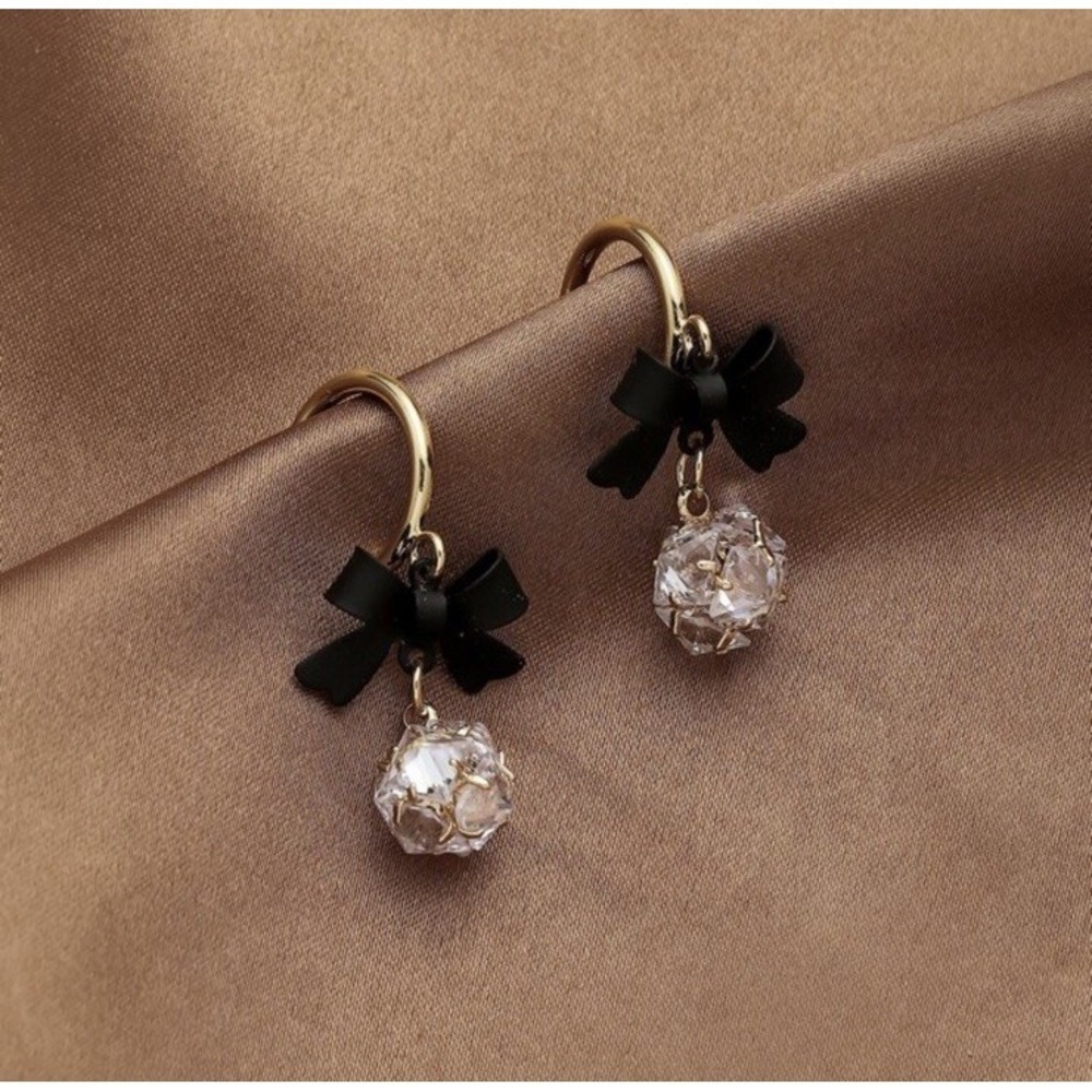 Black Bow Clear CZ Crystal Ball Dangle Hoop Earrings Gold Accent Fine Jewelry
